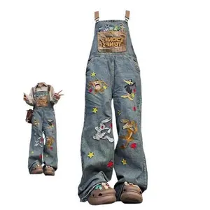 Y2K Vintage Cartoon Embroidery DenimOveralls Women Washed Loose JumpsuitStreetwear Pants jeans Fashion Womenswear