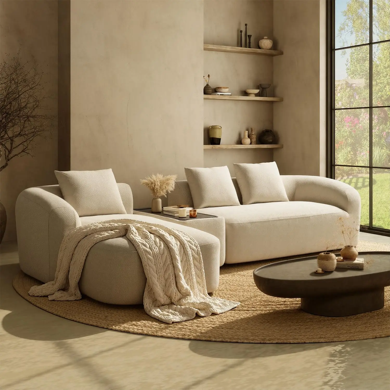 【summer Vibes】ReleFree Modular Sectional Sofa 136'' Curved Chenille Brown with Adjustable Coffee Table 3 Pillows Spring Support High-Resilience Foam L Shaped for Living Room Left Facing Chaise summerwins