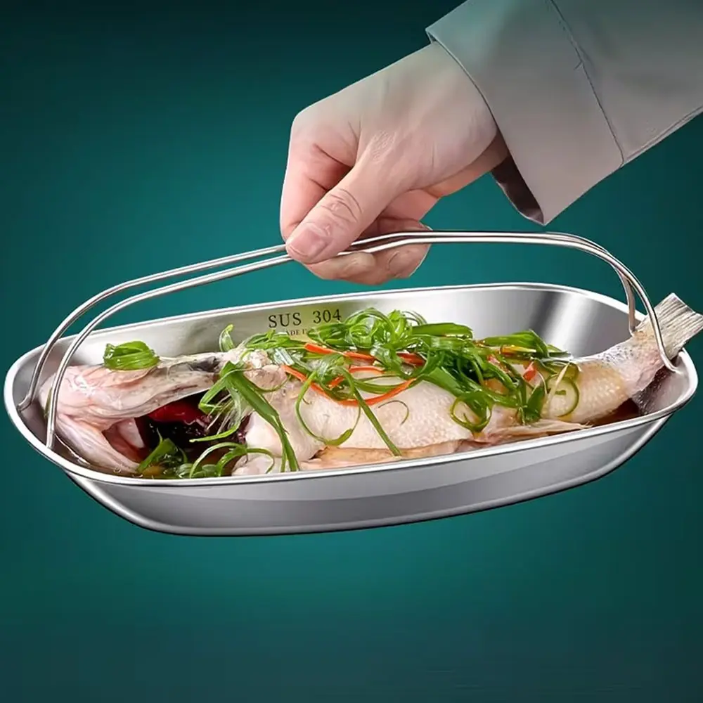 304 Stainless Steel Steamer Tray with Handle, Fish Plate, Deepened and Thickened Design, Ideal for Cooking Fish, Rice, Vegetables, Meat, Restaurant and Home Use