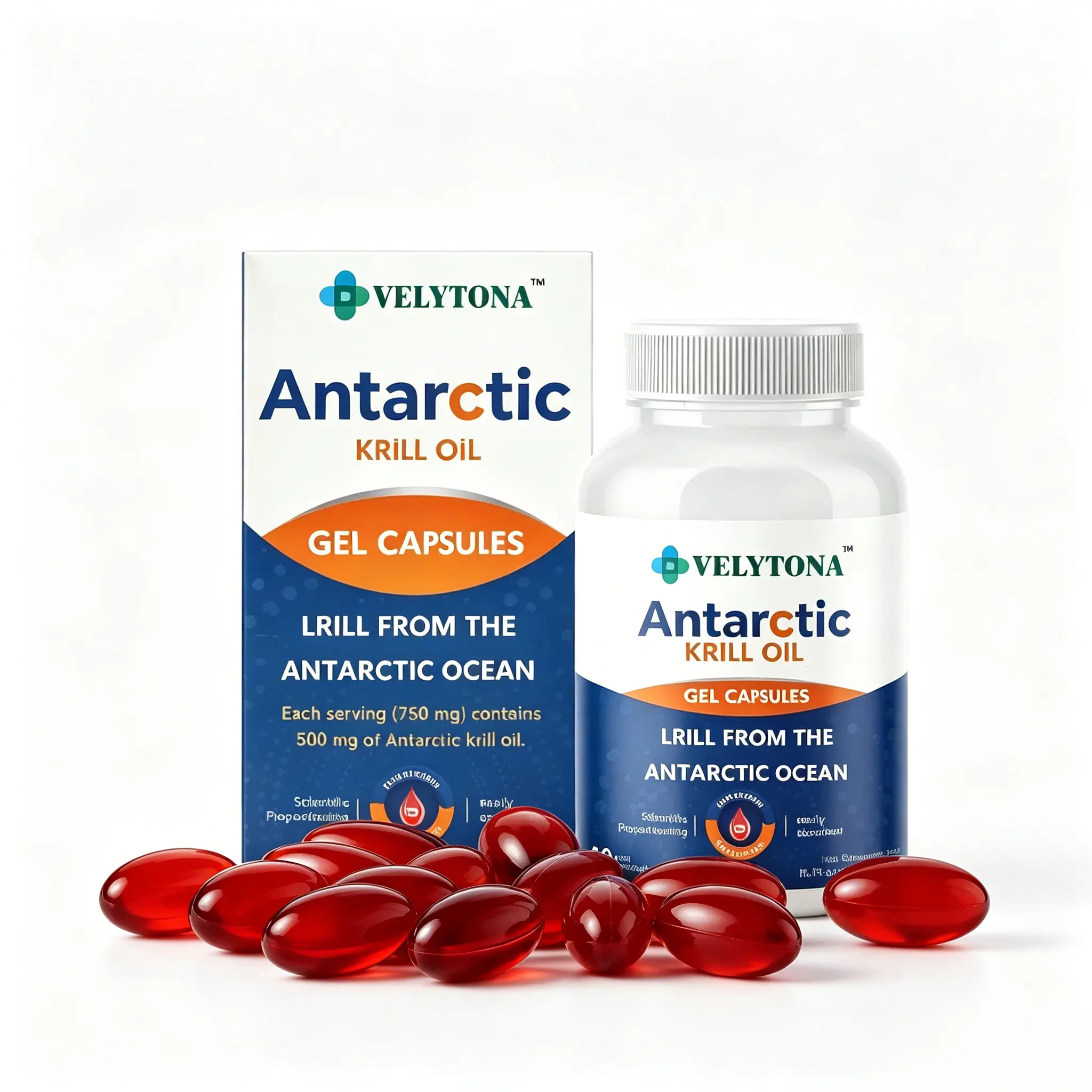 VELYTONA Antarctic Krill Oil Healthcare Supplement-500mg, 60 Softgel Capsules with EPA, DHA Omega-3,Phospholipids & Astaxanthin for Men & Women