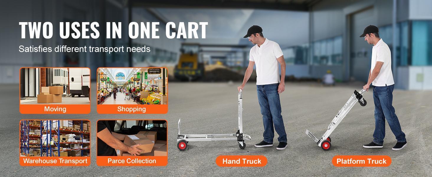 【SummerFinds】VEVOR Aluminum Convertible 2-in-1 Heavy-Duty Multifunction Work Cart, 800 lbs Capacity Collapsible Hand Truck with Rubber Wheels, Multifunction Rolling Carts for Warehouse, Supermarket Use, Mobile Folding Trolley, Rolling Service Cart