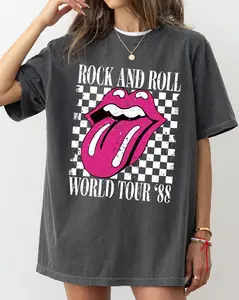 Rock And Roll World Tour, Lips and Tongue, Checkered, 80s Rock, Retro, Classic Rock Tshirt, Women's Comfort Color Tee, Tshirt