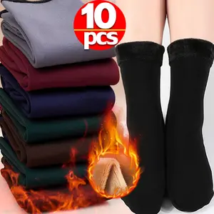 Lady's Winter Warm Nylon Socks, Soft Thick Thermal Plush Style, 5-Pairs Solid Color Velvet Wool Socks for Snow Boots, Home Sleeping