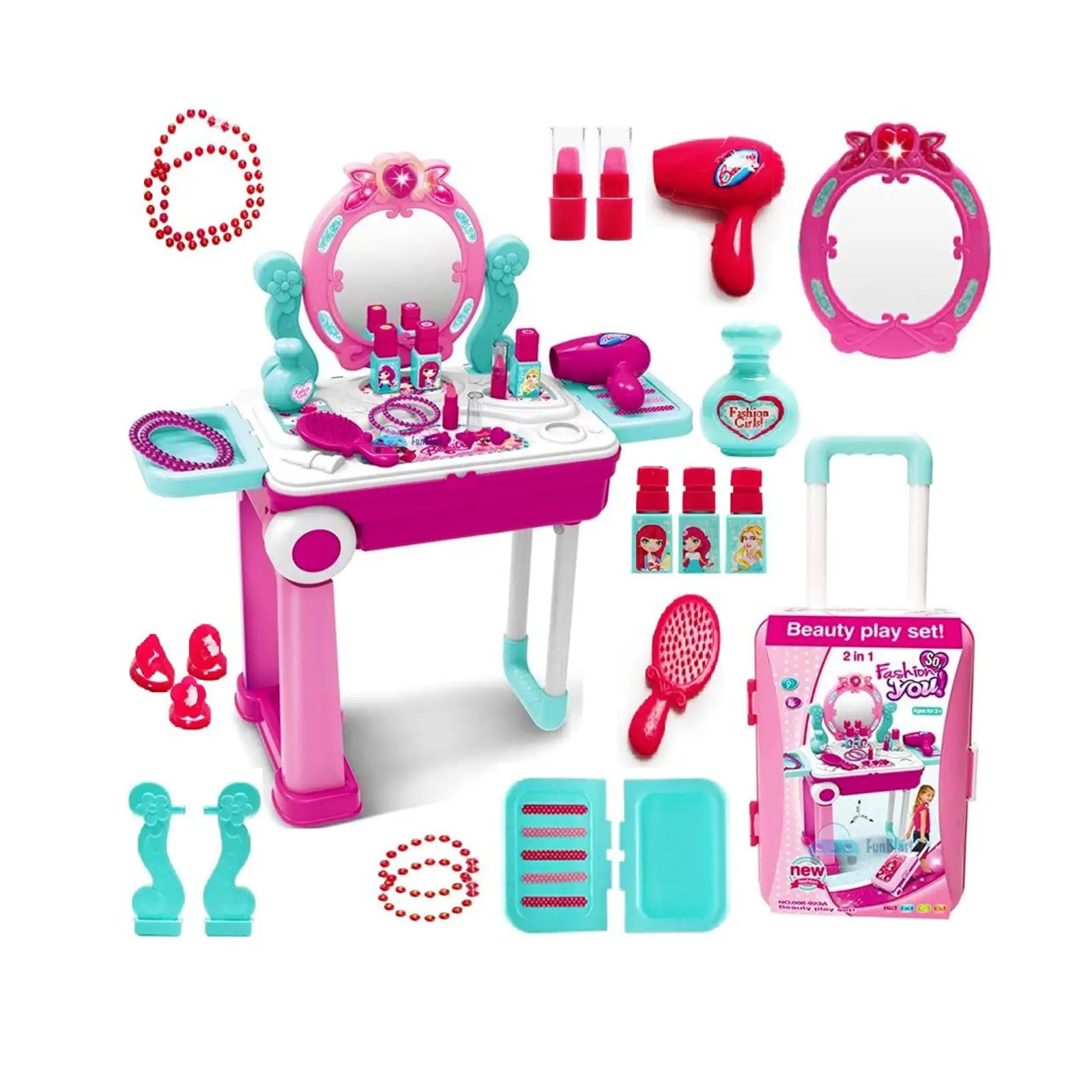Kids Makeup Vanity Playset – Pretend Beauty Salon & Makeup Set with Mirror, Accessories and Rolling Suitcase for Girls Ages 3-4