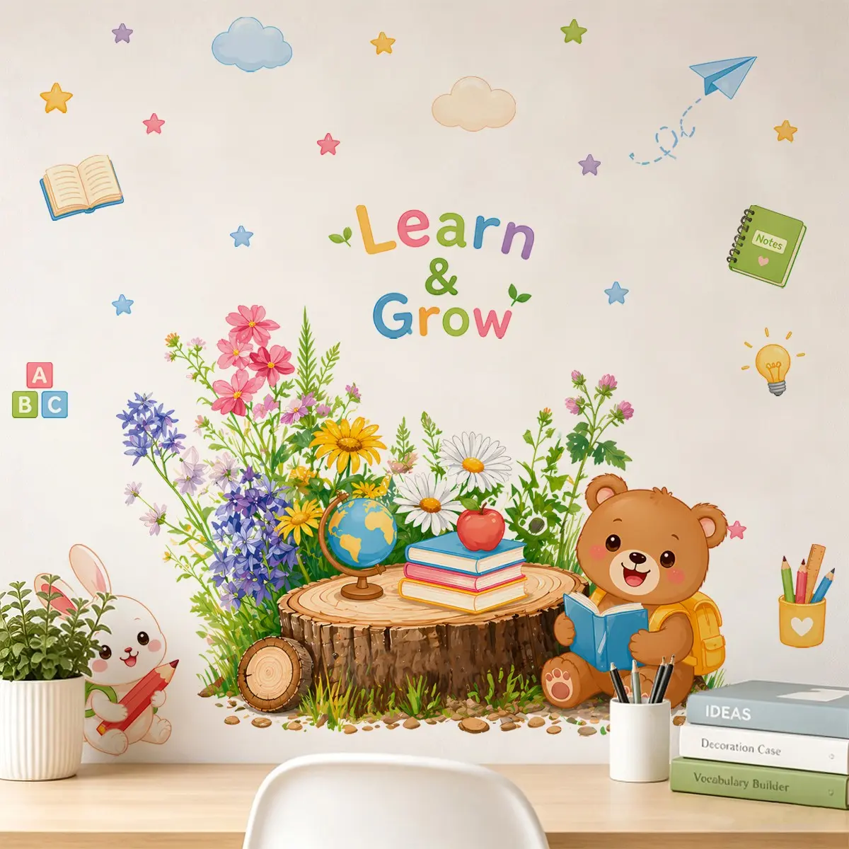 Cute Bear & Rabbit Reading Wall Decal - "Learn & Grow" Educational Nursery Vinyl Sticker, Removable Wall Art, Wall Stickers for Kids Bedroom, Playroom & Classroom