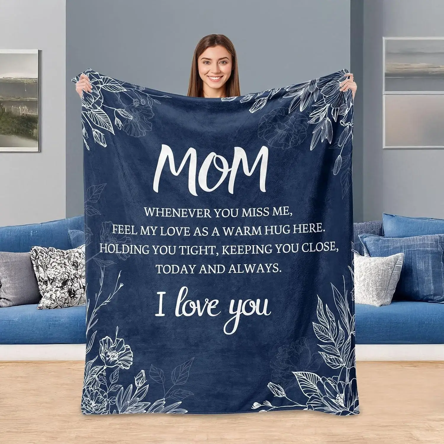 Mom's Soft Flannel Throw Blanket - Wrinkle-Resistant, Lint-Free, Navy Blue, Warm & Cozy for Bedding, Sofa, 30 x 40 in Multi-Size Option, Sweet Word Gift for Mom for Mother's Day, Birthday, Christmas Presents