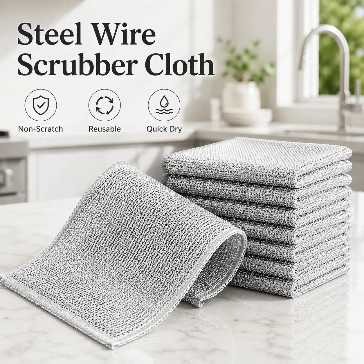 10-Pack Double-Layer Steel Wire Dishcloths, Reusable Non-Scratch Kitchen Cleaning Cloths for Wet & Dry Use, Scrubber Rags for Cookware, Sinks, Dishes & Stove Tops