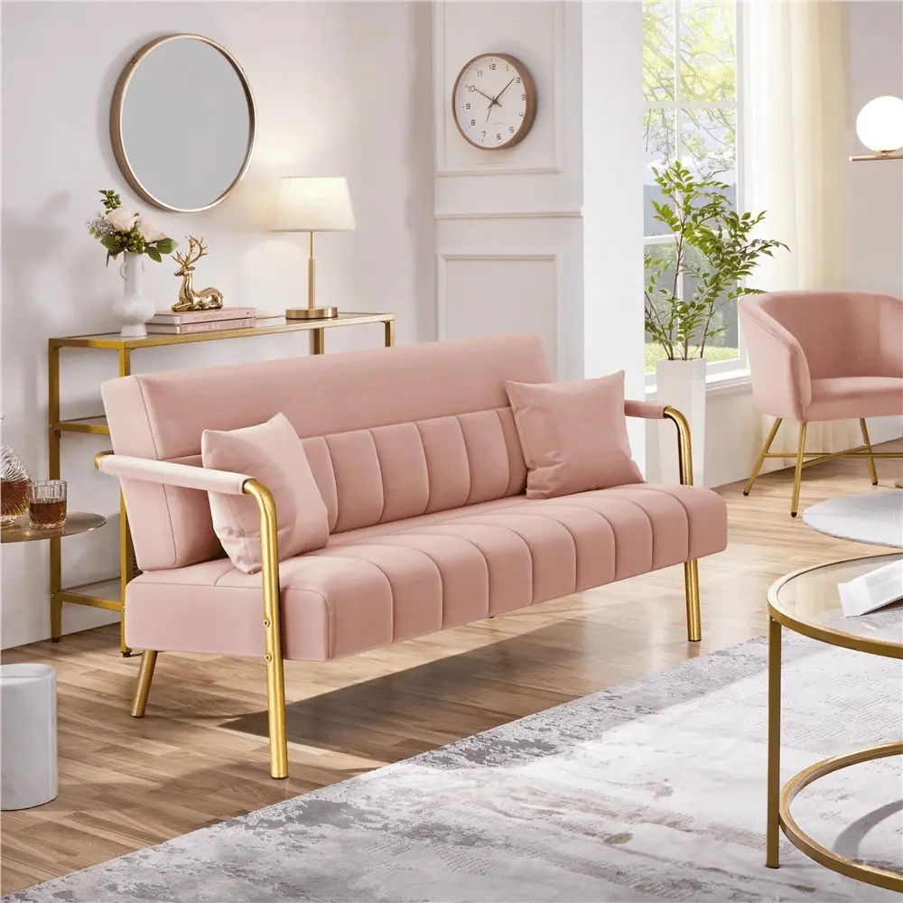 1pc Velvet-Upholstered Modern Sofas Couches - Iron Loveseat with Mid-Back Rest, Round Arms, Gold-Tone Metal Legs, 56.5″ W * 28″ D * 30″ H, 600 lb Capacity for Bedroom, Studio