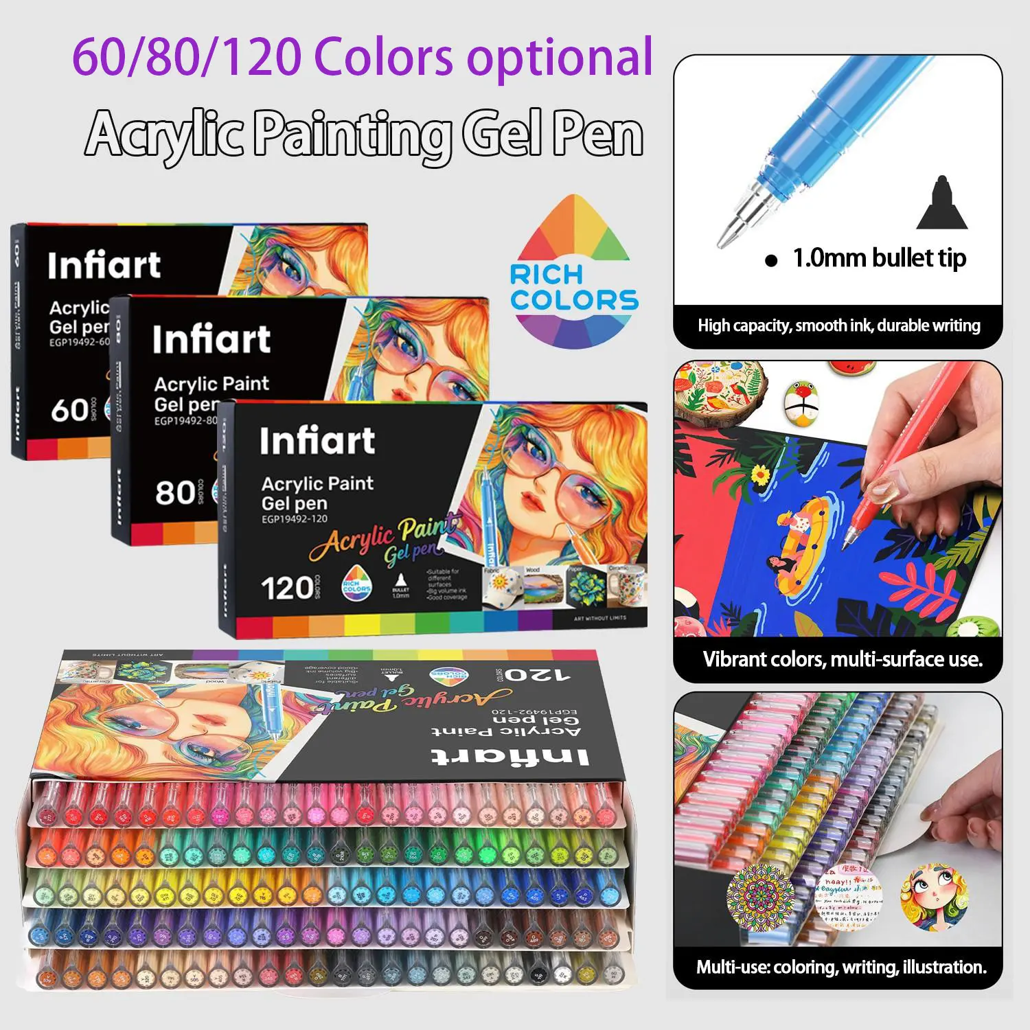 Acrylic Paint Gel Pen Glitter Marker Pens Thickened 1.0mm Super Shiny High Gloss Large Capacity Smooth Ink Drawing Doodling Diary Writing Set Acrylic Paint Markers