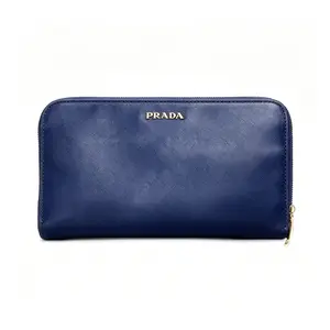 Pre-owned PRADA . Small Leather Goods Blue Saffiano Leather Zip Around Long Wallet