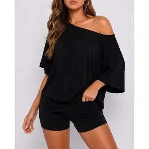 Women’s Casual Two Piece Lounge Set Off Shoulder Top & Fitted Shorts Springtok Loungewear Pajama Nightwear Womenswear Clothes Matching pajama pants pajamas sets for women pajama sets women pj sets for women pajamas,summerwins