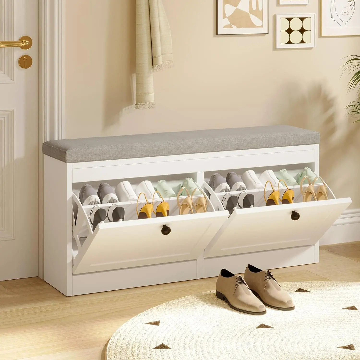 VOWNER White Freestanding Foldable Wooden Adjustable Shoe Rack Organizer - 2 Flip Drawers, Multilayer Shelves, Entryway Decor, Hallway Indoor Furniture for Storage Organization