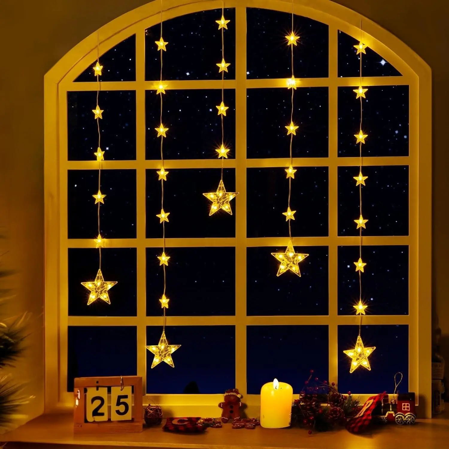 32pcs christmas star line hanging light, 2-in-1 color-changing christmas star window light for christmas interior window wall chain decoration