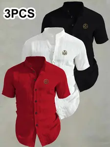 3-Pack Men's Summer Short Sleeve Shirts, Breathable Solid Collar Button-Up, Ideal for Beach Pool, Casual Swimwear, Perfect for Summer