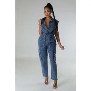 Women’s denim sleeveless romper with a turn-down collar, single-breasted design, and denim sashes—cargo style, washed finish. New for Summer/Spring 2025.