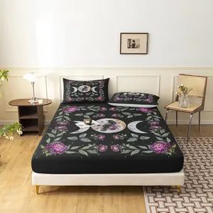 3pcs Triple Moon Peony Crow Printing Fitted Sheet Set, Breathable Sheets, Celestial Floral  Bedding Bedroom Decor, Decorative Bedsheet Sets, Four-season Luxury Bedding Home or Dorm(1 Duvet Cover+2 Pillowcases,No Pillow)