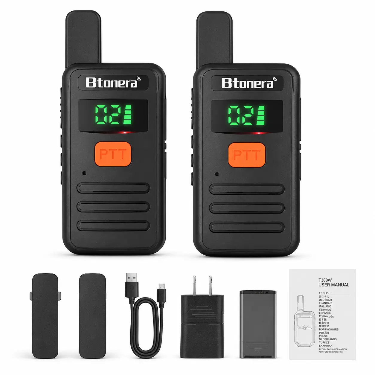 2-Pack Rechargeable PMR446 Mini Walkie Talkies, Long Range Portable Professional 2-Way Radio Set, Black
