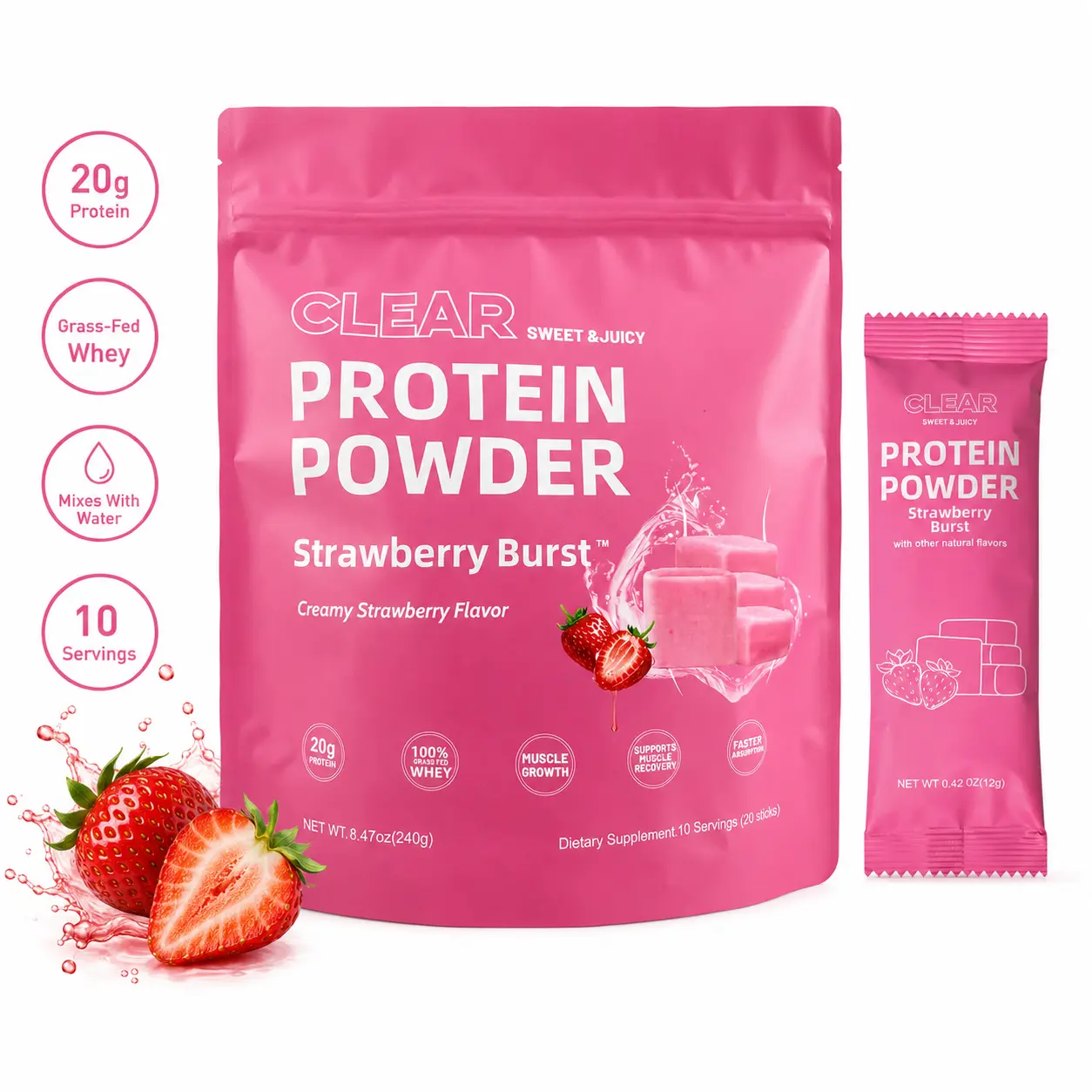 Clear Protein Powder: Strawberry Burst, Creamy Strawberry Flavor, 20g Protein Per Serving (2 Packets), Fast-Absorbing Grass-Fed Whey, Muscle Recovery, 10 Servings,travel essentials