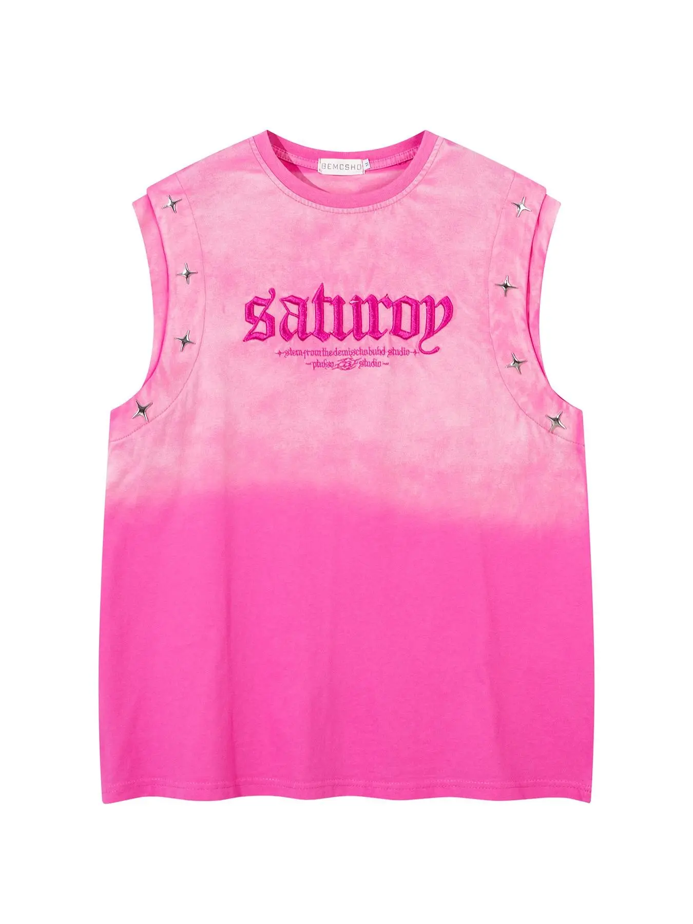 Men Women Summer Fashion Casual Sleeveless Top, Vintage Washed Tie-Dye Gradient Color Graphic Letter Embroidery Star Metal Buckle Design Tank Shirt