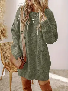 Women's Elegant Solid Color Dress, Mid-Length Round Neck Fitted Knit Dress, Casual Daily Wear, Autumn Winter Women's Clothing