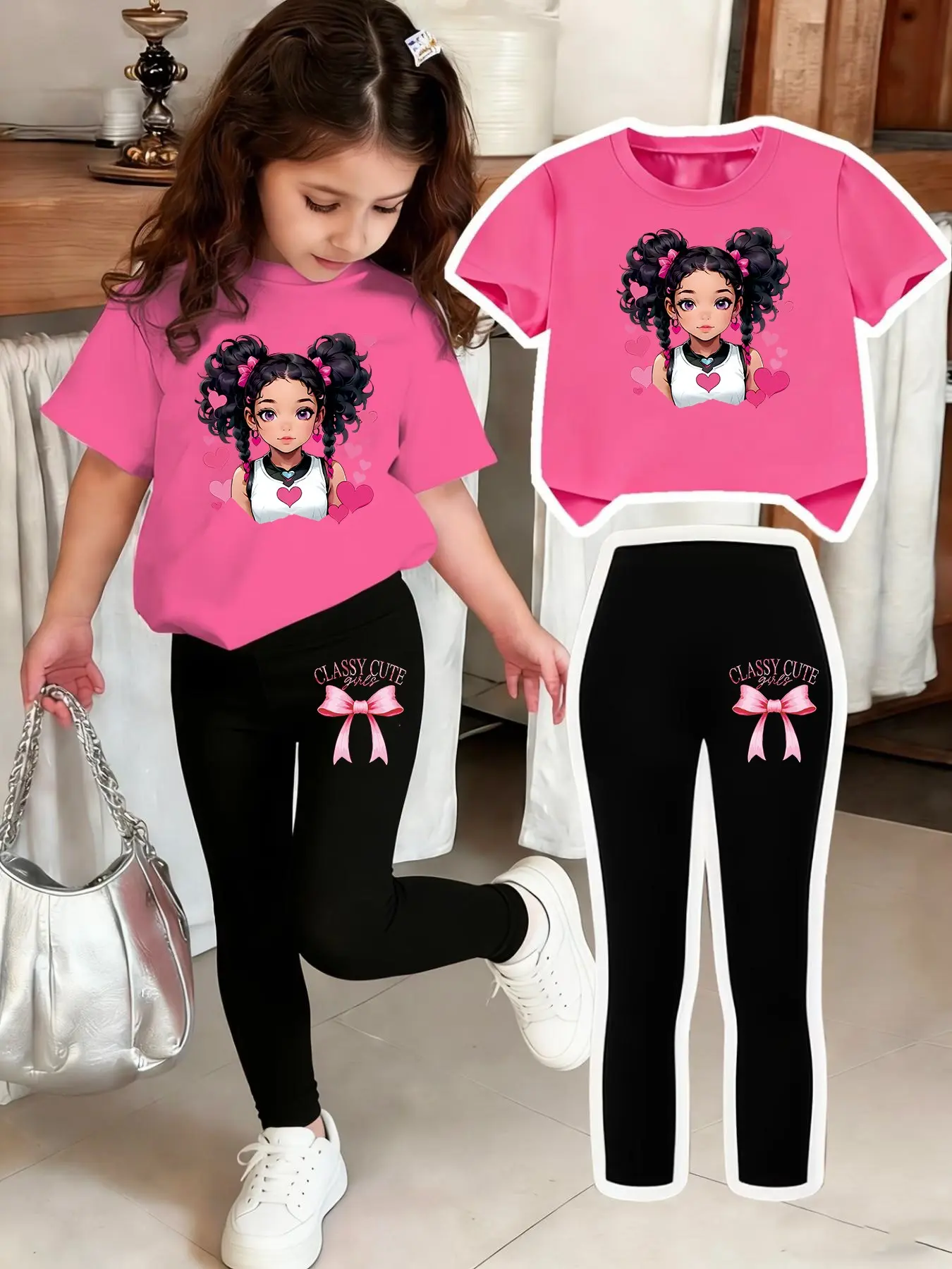 Girls Bow Print Set, Summer Clothing Set, Clothes Sets, Set Outfit, Casual 2-Piece, Slim Fit T-Shirt & Pants, Comfortable Elastic Waist, Spring Summer Wear, Ages 4-12