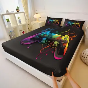 3Pcs Neon Game Controller Fitted Sheet Set No Fillers, Cool Graffiti Video Game Bed Sheet Set, Gamer Themed Bedding Set with Pillowcases, Deep Pocket for Boys Teenagers Gamers Bedroom Game Room Dorm Decor