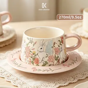 Cozy Aesthetic Bunny Fairy Garden Mug & Saucer | Premium Floral Tea Cup | Cute Rabbit Ceramic Cup for Latte Cappuccino | Unique Home Decor Coffee Cup