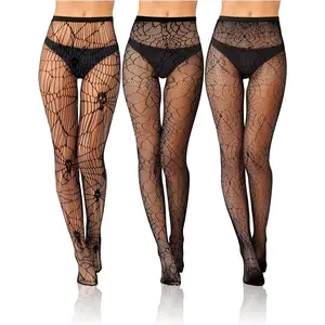 Women Fishnet Stocking Black Tight Skull Spider Web Legging Tight Small Hole Pattern High Panty Pants Waist Lace (Spider Web Style) Womenswear Underwear Lady Comfort