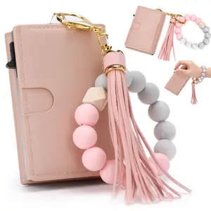 Women's Boho Style Leather Wallet Keychain with Beaded & Tassel Decoration - 6-9 Card Capacity, Elegant Card Holder, Christmas Gift