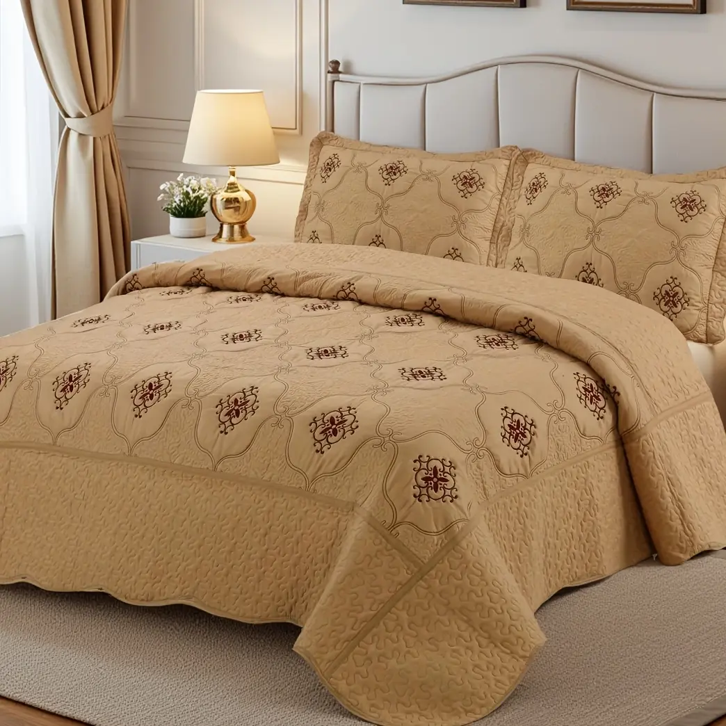 3 Pieces Vintage Embroidered Quilt Bedspread Set,Oversized Farmhouse Coverlet Set