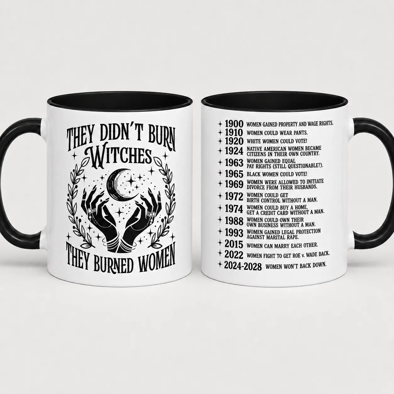 Feminist Printed Glossy Ceramic Mug - 11oz-15oz Washable Drinkware with Empowering Quote "They Didn't Burn Witches, They Burned Women", Historical List, Reusable for Awareness Day