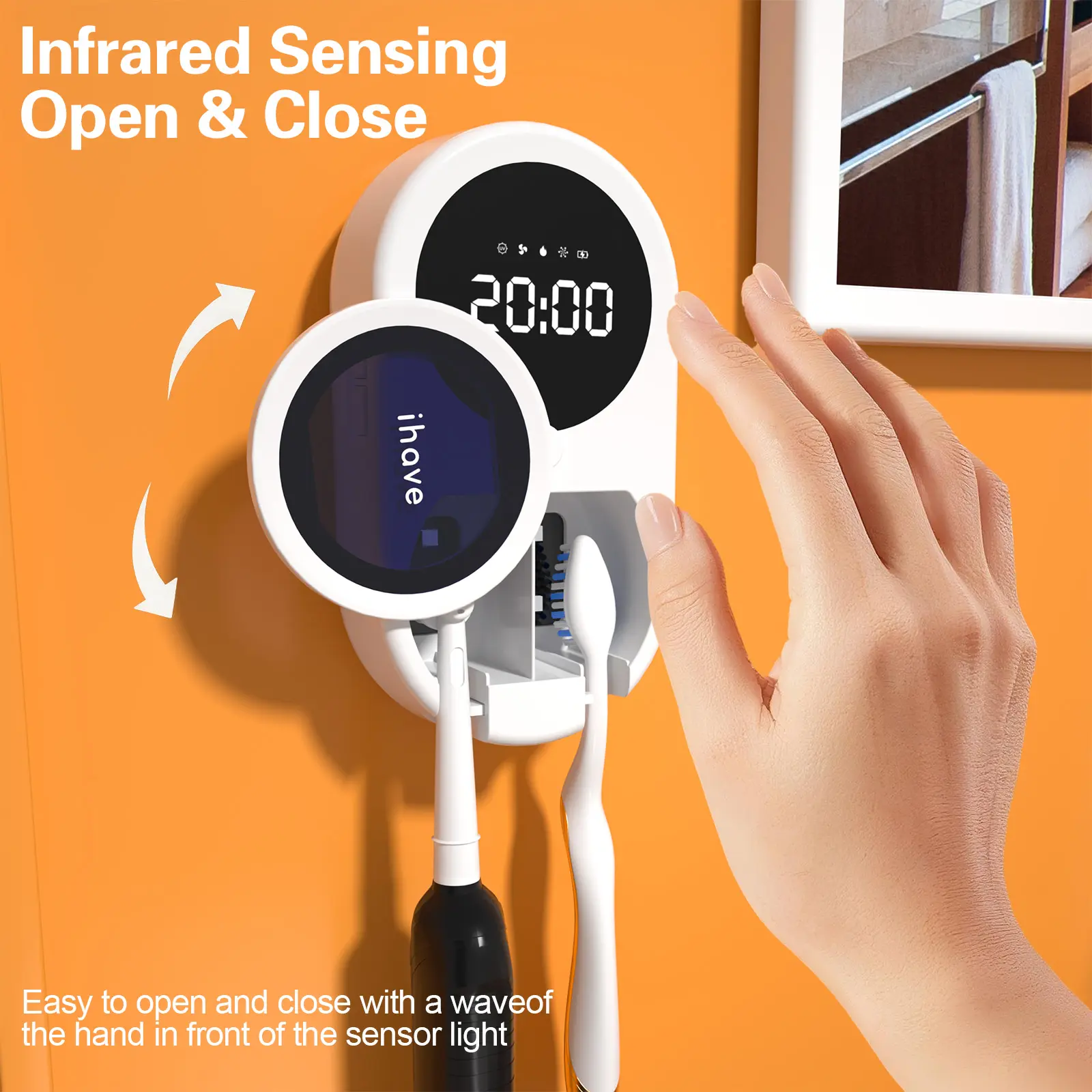 ihave Wall-Mounted Toothbrush Holder with Cover - UV-Ionic UV Sterilizer (99.9% Sterilization), 360° Deep Clean, Turbo Drying-Heating, Touch-Gesture Control, 173g Compact ABS, 2000mAh Lithium Battery Rechargeable, Adults Home Oral Care
