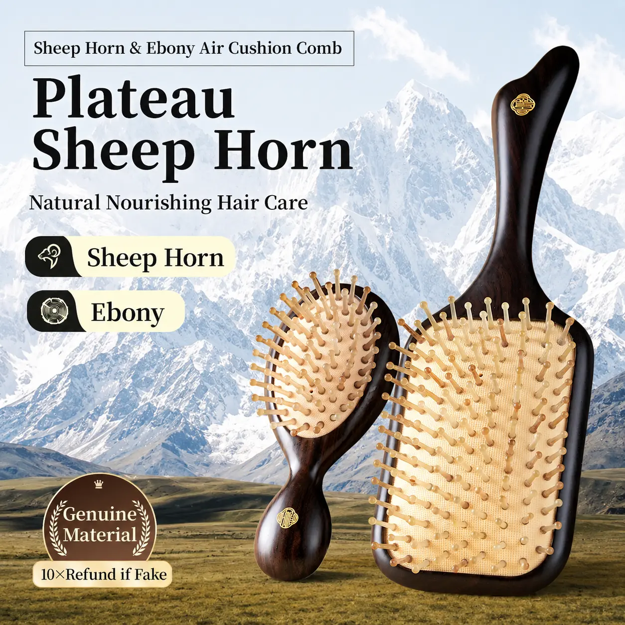Anti Static Sheep Horn Air Cushion Comb, Anti Static Ebony Volumizing Paddle Brush for Women, Detangling Scalp Massage Comb for Nourishing Hair Care Frizz Control, Ideal Gift for Daily Hair Care Lovers