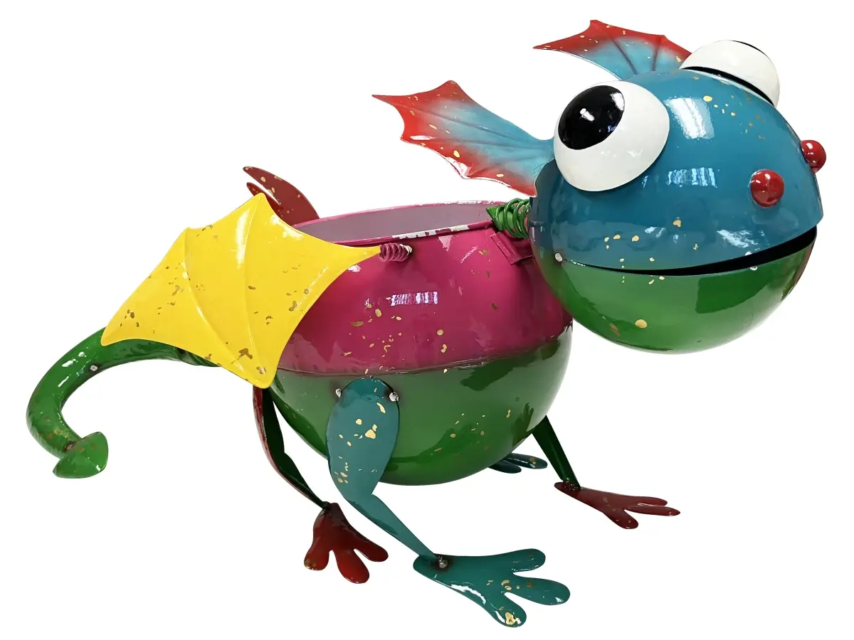 Continental Art Center 22050C Colorful Enameled Metal Winged Lizard Planter - Green & Pink