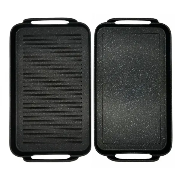 Neware 2-Piece Nonstick Marble Griddle Set – Smooth & Ribbed Double Burner Griddles + Free Silicone Handle Covers Aluminium