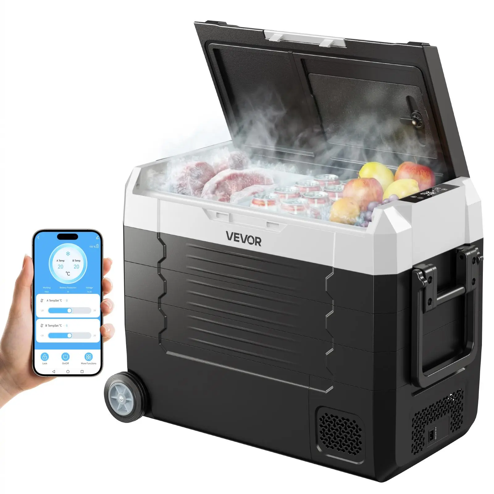 【SummerFinds】VEVOR Car Refrigerator, DC 12/24V AC100-240V Compressor Electric Cooler,  -4°F to 68°F Truck Refrigerator with APP Control, Wheels & Dual Zone, 48 QT Cars Cooler for RVs, Boats, Camping, Fishing