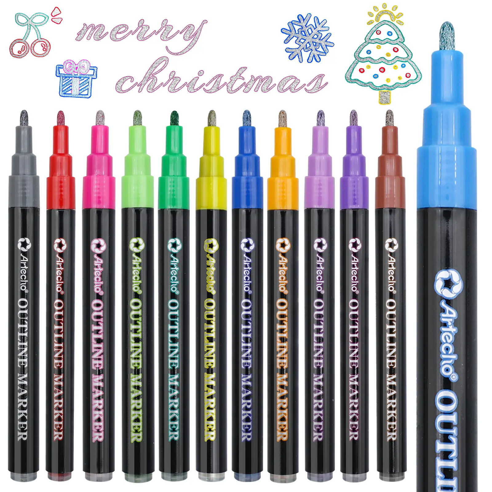 Artecho 12-Color Self-Outline Metallic Markers, Professional Double-Line Shimmer Pens for Adult Coloring, Artist-Grade Office & Craft Projects