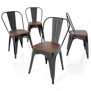 Ferroiarea 4-Pieces Black Wooden Seat Metal Dining Chairs with Backrest – Sturdy Kitchen Chairs for Dining Room, Indoor Stackable Chair Set