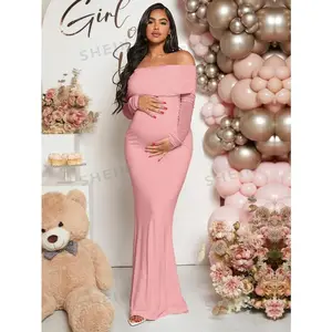 Women Off-Shoulder Fishtail Maxi Dress for Maternity Baby Shower Classic White Silhouette with Mermaid Hem Long Regular Sleeves Pregnancy Clothes