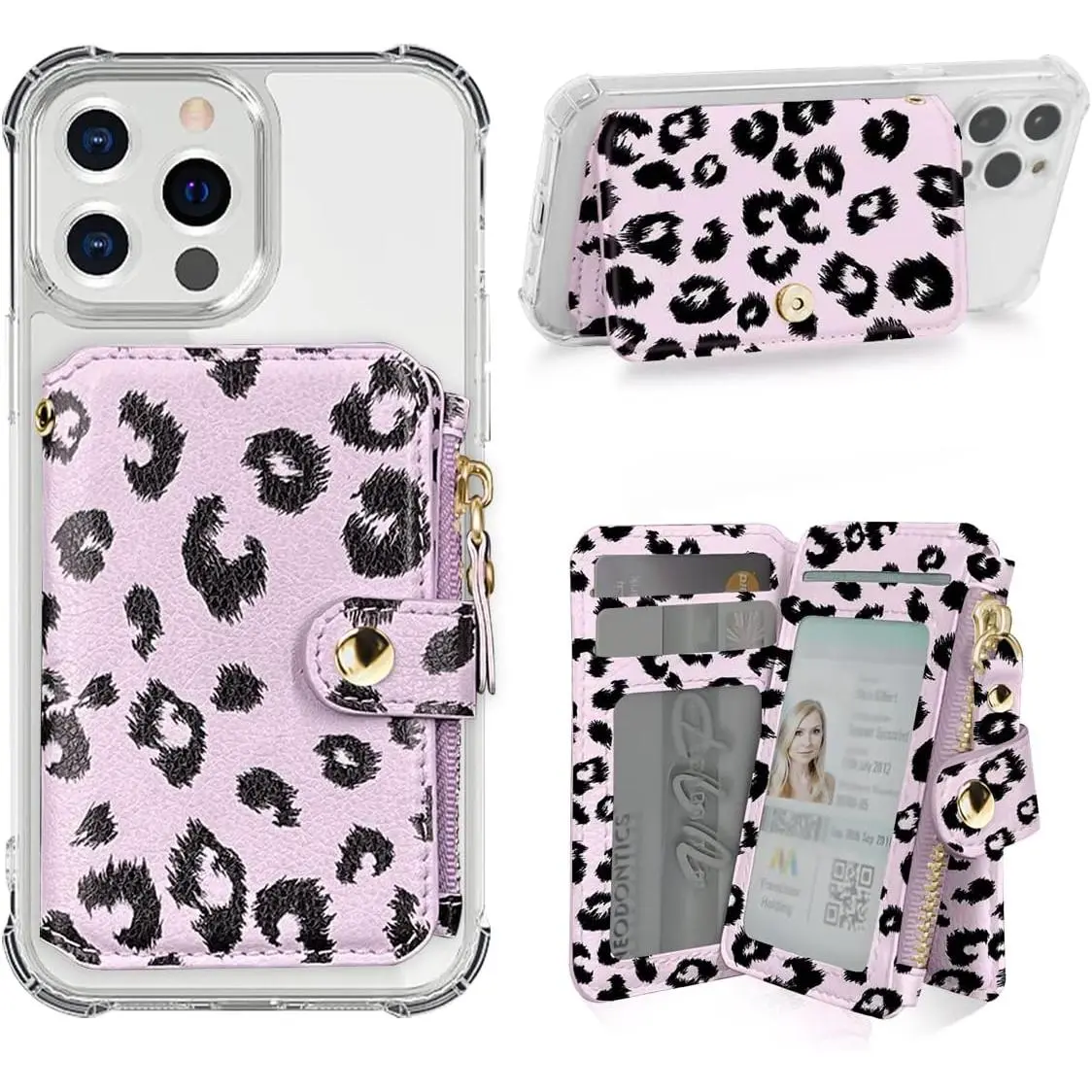 Phone Wallet Stick on, Card Holder for Phone case Stick on Attachable Credit Card Holder for Phone (Compatible with  Smartphones) (Pink and Black)