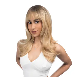 17-Inch Yellow Blonde Ombré (Scorched Brown Roots, Platinum Underlights) Layered Straight Cut Upward Curling Ends Synthetic Wig | 【Heat Resistant】【Cap Included】 | FSGA