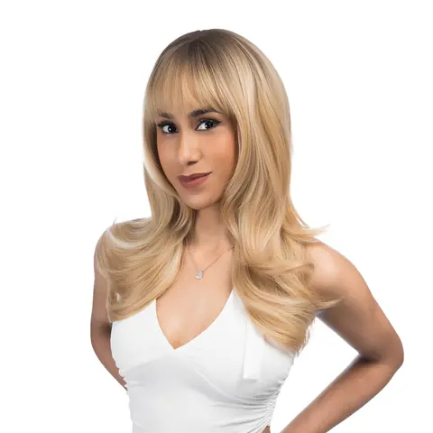 Lady Grayy Adult 17-Inch Yellow Orange Blonde Ombré Roots Synthetic Full Machine Wig - Scorched Brown Roots, Platinum Underlights, Layered Straight Cut, Upward Curling Layered Ends, Heat Resistant, Cap Included, for Special Occasions | #61FSGBPM