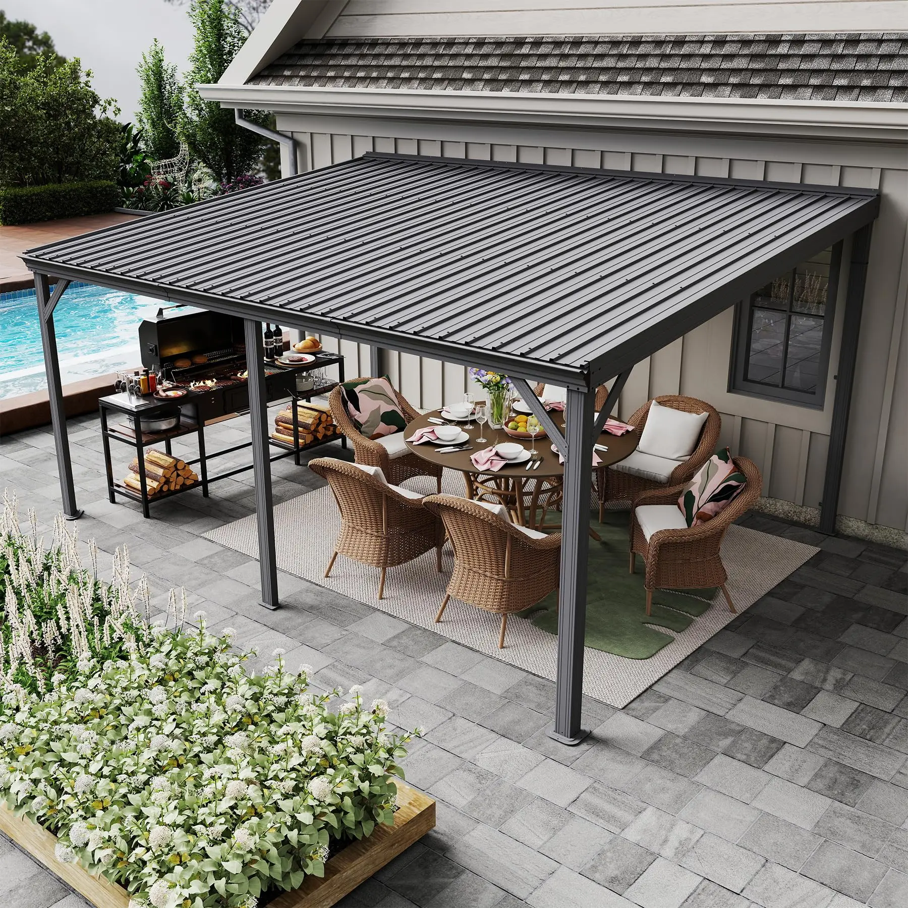 Sturdy Outdoor Hardtop Lean-to Gazebo - Pre-Engineered Wall-Mounted Pergola with Ice-Leaf Gutter, Leak-Proof Drains, Galvanized Steel Roof, 60MPH Windproof UV Resistant Canopy, Stable Waterproof Sun Shelter for Patio, Easy to Assemble