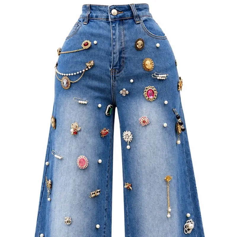 Luxury Pearl & Charm Wide-Leg Denim Jeans