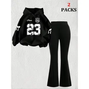 ��FREE PERSOMALITY��Women's Warm Sweatshirt Set + Slim Fit Flare Pants, Casual Butterfly Print, Kangaroo Pocket, Fall & Winter