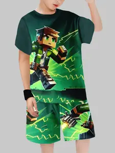 Boys Pixel Lightning Set Outfit Inspired by My World, Casual Fitted Tee and Shorts, Spring & Fall with Random Print Design, Graphic Print Set