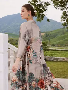 Boho Ethnic Style Crane Floral Print Long Sleeve Kimono Cardigan, Women's Elegant Casual Beach Cover-Up Jacket, Thin Windbreaker Robe Dress, Beach Cover Ups, Summer Coverup, Swimsuit Coverup