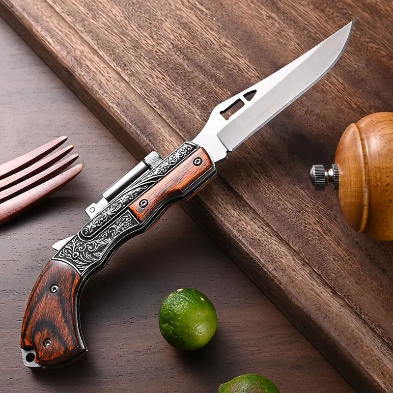 Premium Engraved Gun Shape Folding Pocket Knife with LED Light - Rosewood Handle Multifunctional Portable EDC Hand Tool for Kitchen, Camping Use