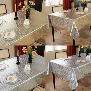 Durable PVC Dining Tablecloth, High-End Modern Gold Silver Plaid Table Cover, Waterproof Oilproof Heat Resistant Washable Home Decor