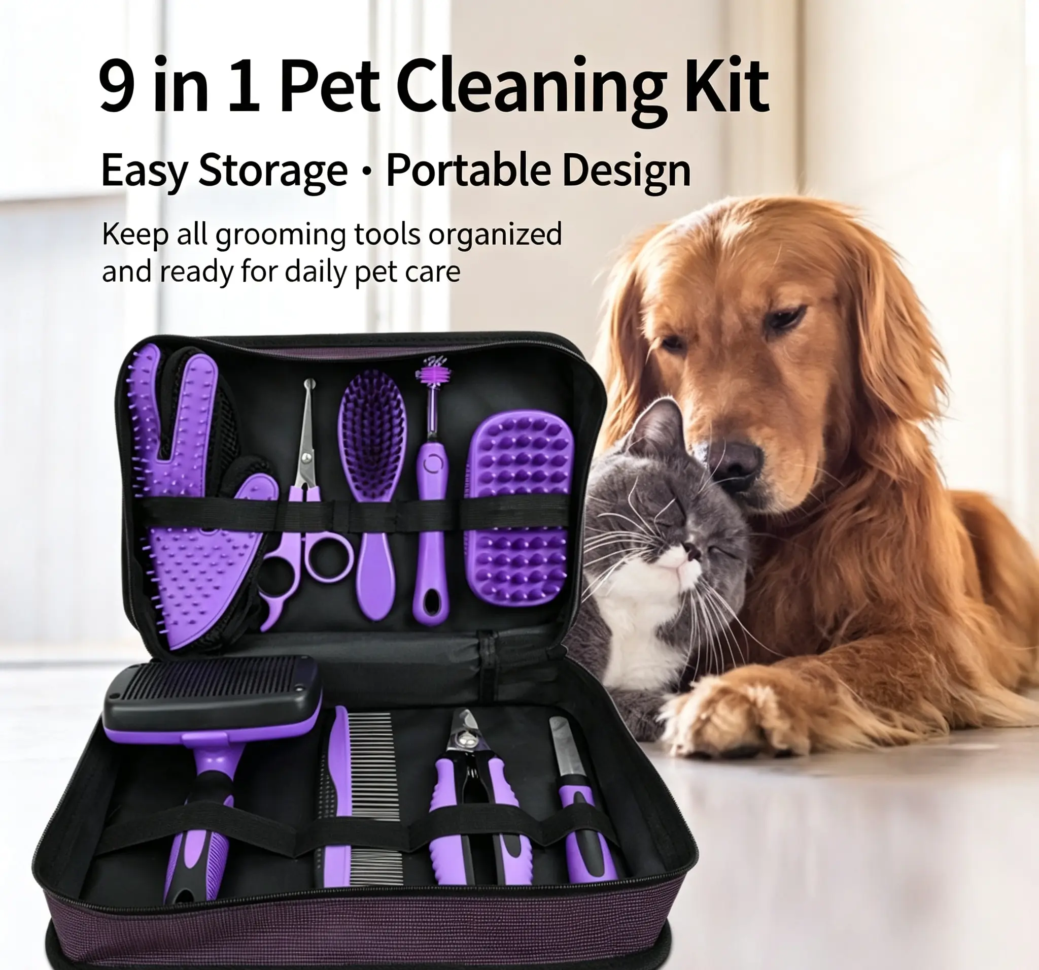 9-in-1 Professional Pet Grooming Kit for Small, Medium, Large Dogs & Cats - Self-Cleaning Slicker Brush, Nail Clippers, Hair Scissors, Deshedding Glove, Toothbrush, Portable Storage Bag